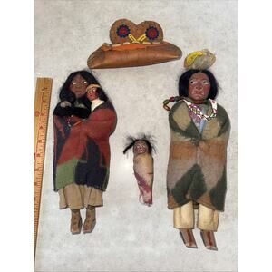 Lot Of 4 Vtg SKOOKUM Native AMERICAN INDIAN Family Dolls Canoe one has sticker